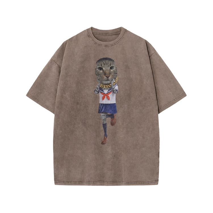 Playful Street Sailor Cat Graphic Print Acid Washed T-shirt