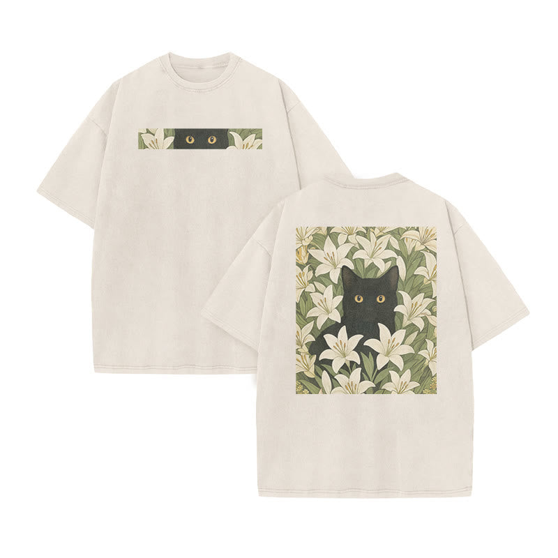 A Black Cat In A Field Of White Lilies Print Acid Washed T-shirt