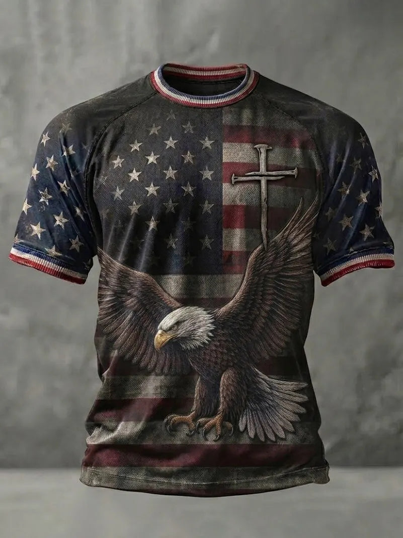 Men's Vintage American Flag Bald Eagle Cross Art Print T-shirt