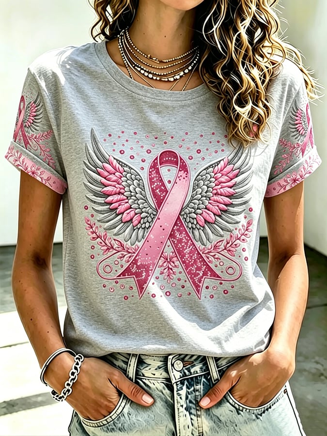 Women's Retro Flower Breast Cancer Awareness Printed T-Shirt
