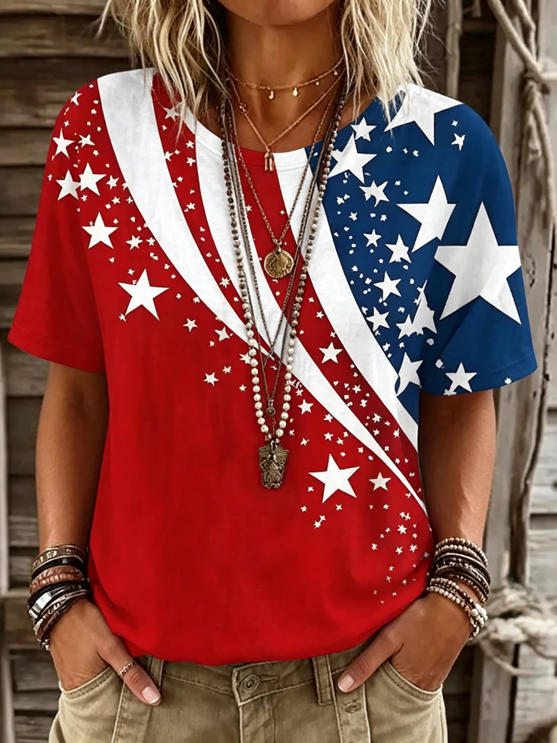 Women's Vintage Floral Flag Patchwork Art Print Tshirt