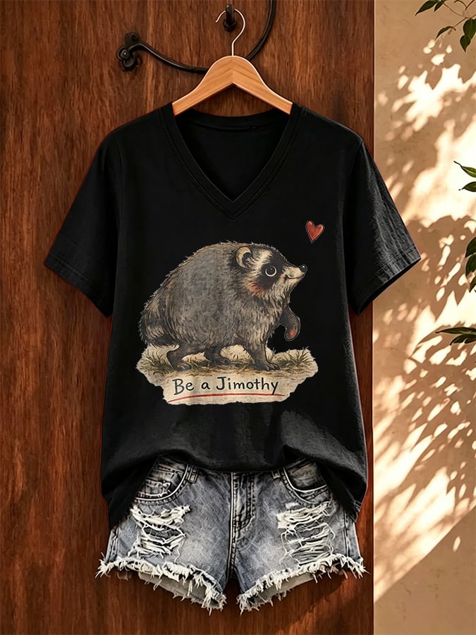 V-Neck Retro Jimothy Raccoon Be A Jimothy Print T-Shirt