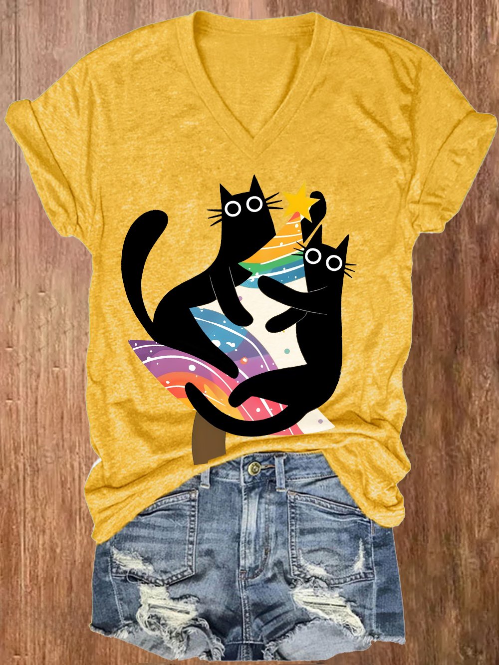 Women's Two Black Cats Holding A Rainbow Christmas Tree Pride Month And Cat Print V-Neck T-Shirt Top