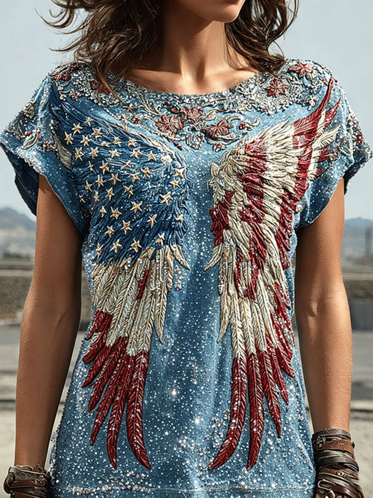 Women's Retro Independence Day Flag Wings Rhinestone Embroidery Crew Neck T-shirt