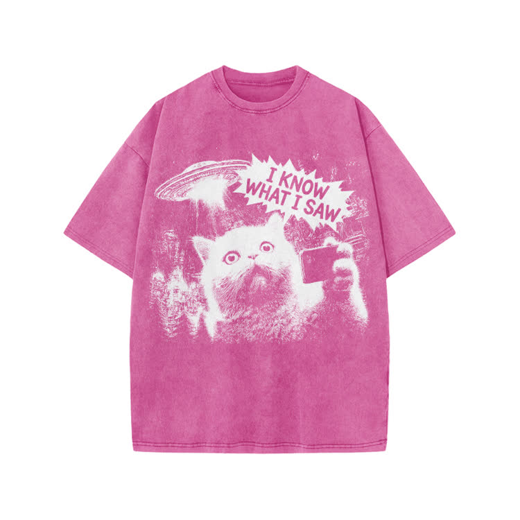 Sci Fi UFO Cat Graphic Washed T-Shirt