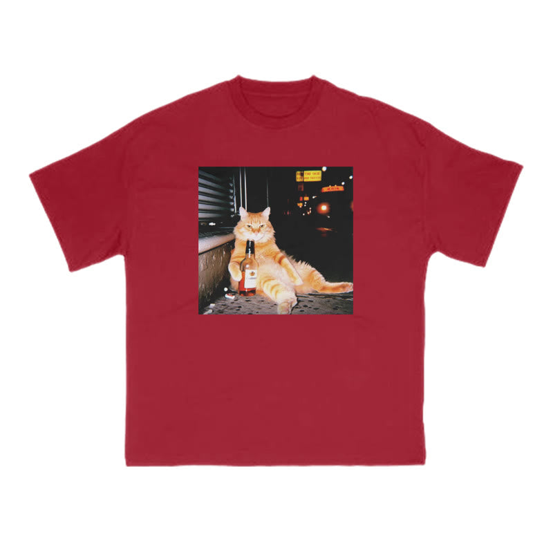 Orange Cat Sipping Beer Print T-shirt