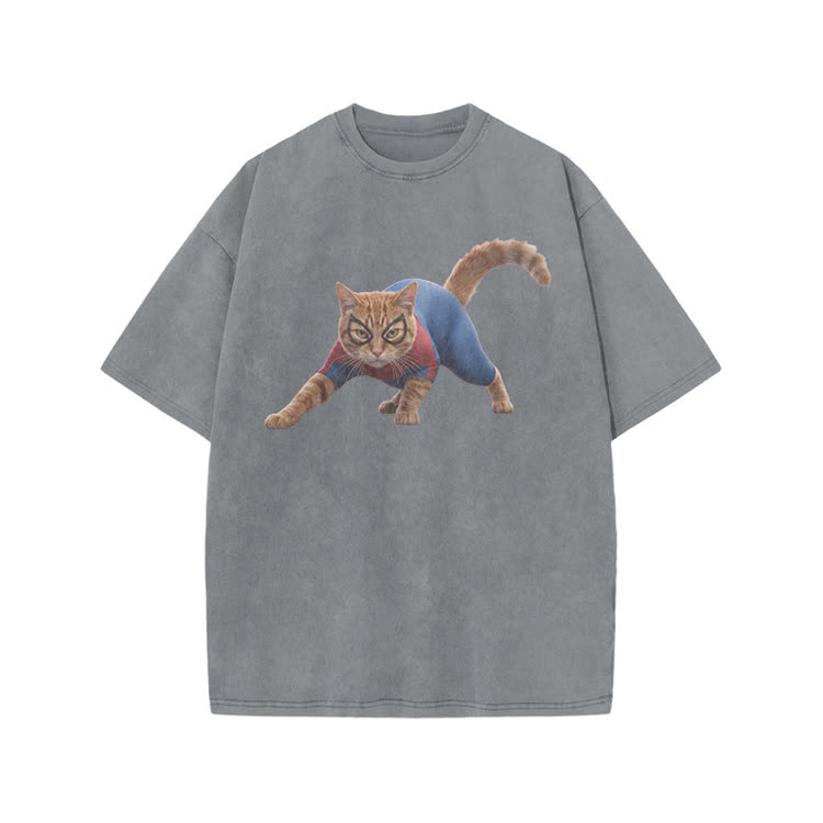Vintage Hero Cat Graphic Print Acid Washed T-shirt