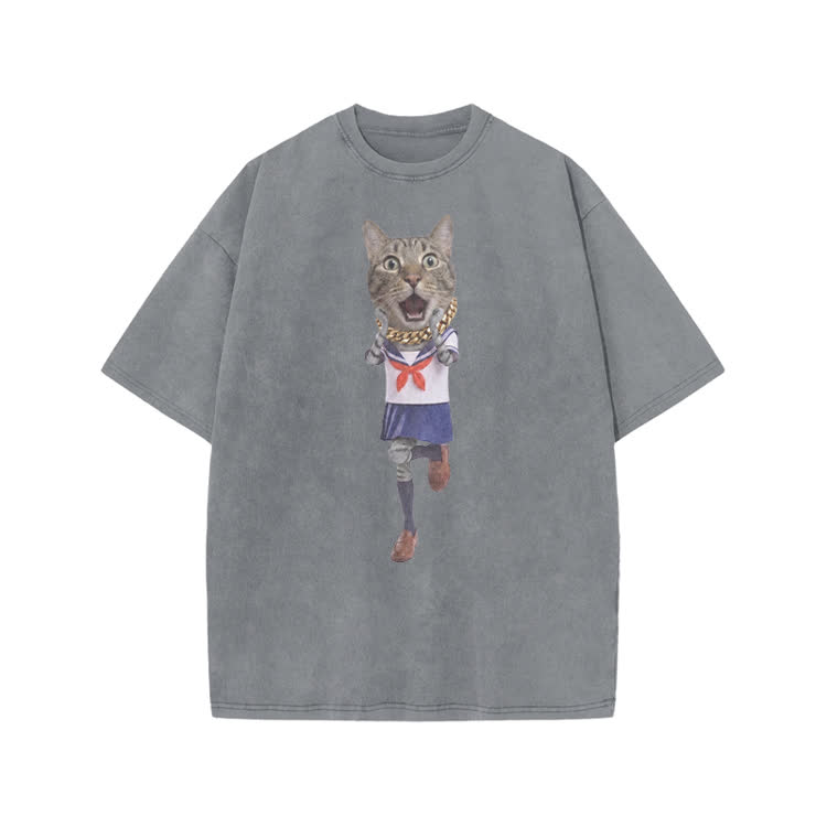 Playful Sailor Cat Graphic Print Acid Washed T-shirt