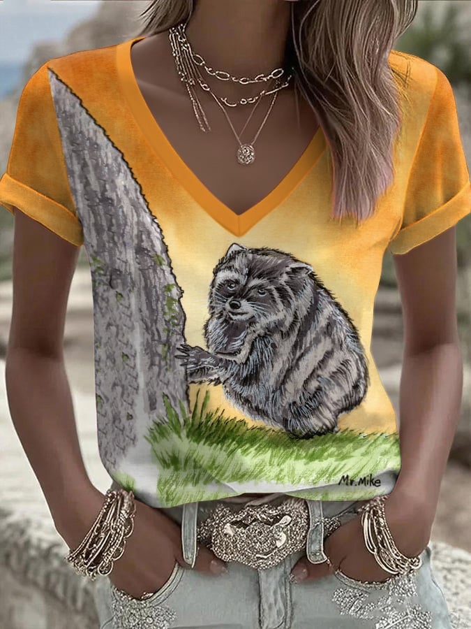 Women's Jimothy Raccoon Seattle Print V Neck T-Shirt