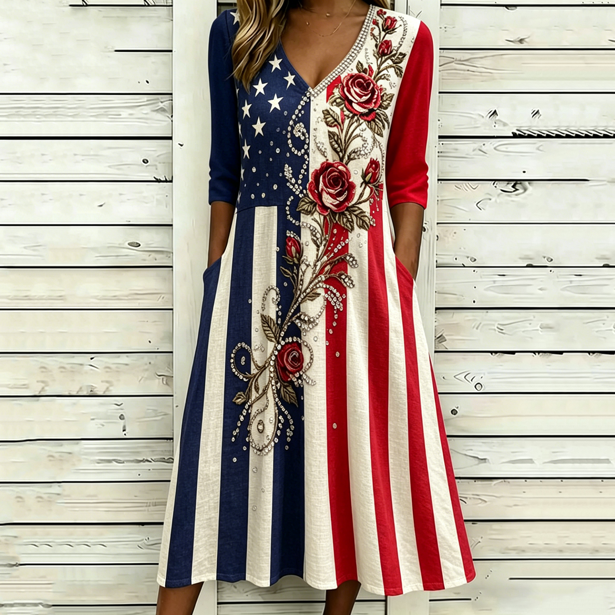Women's Vintage Flags And Floral Art Print Linen Blend Casual Dress