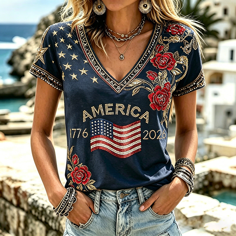 Women's Independence Day Rhinestone Flag Floral Pattern Casual T-shirt