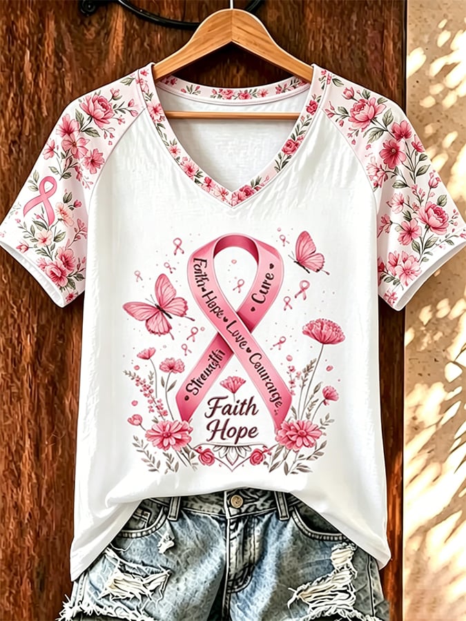 Women's Retro Flower Breast Cancer Awareness Printed T-Shirt