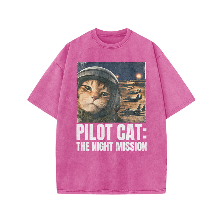 Retro Night Mission Pilot Cat Graphic Print Acid Washed T-shirt