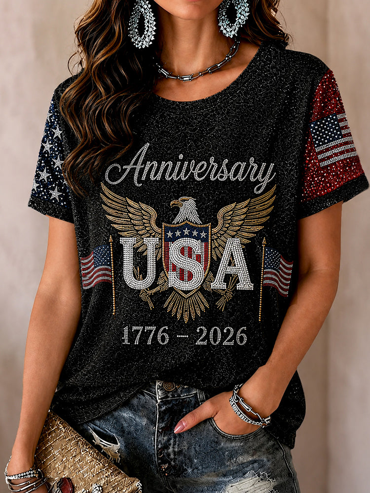 Retro Independence Day 1776–2026 Hot Drill Eagle Pattern Tee