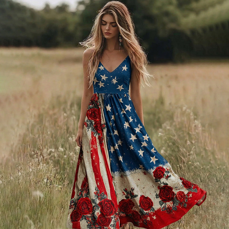 Women's Retro Independence Day Flag Roses Art Linen Dress