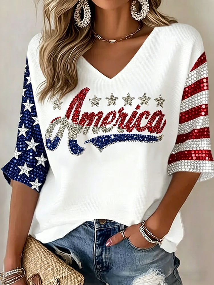 Women's Flag Art Three-quarter Sleeve V Neck Linen Tops