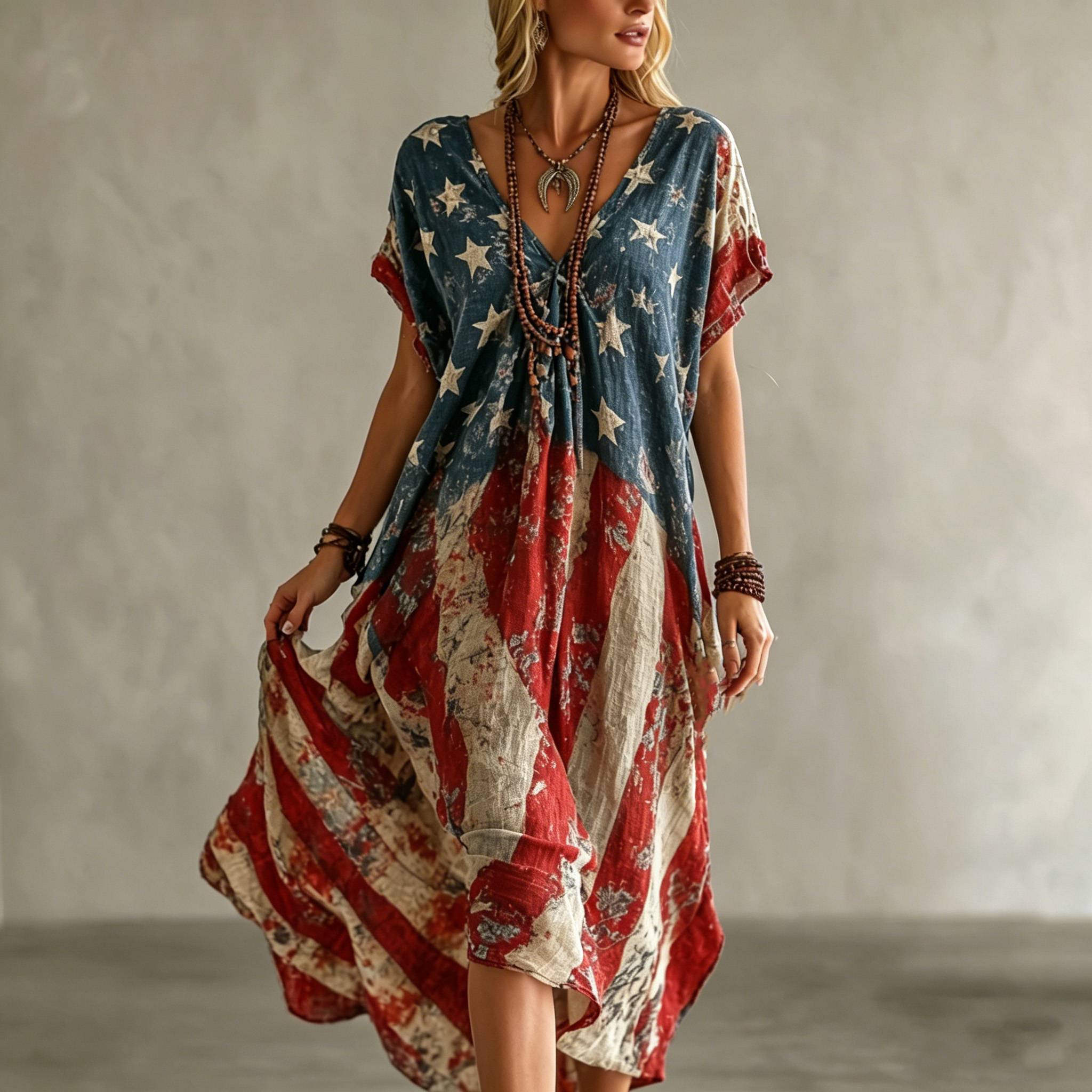 Women's Retro American Flag Floral Patchwork Art Comfortable Cotton Linen Dress