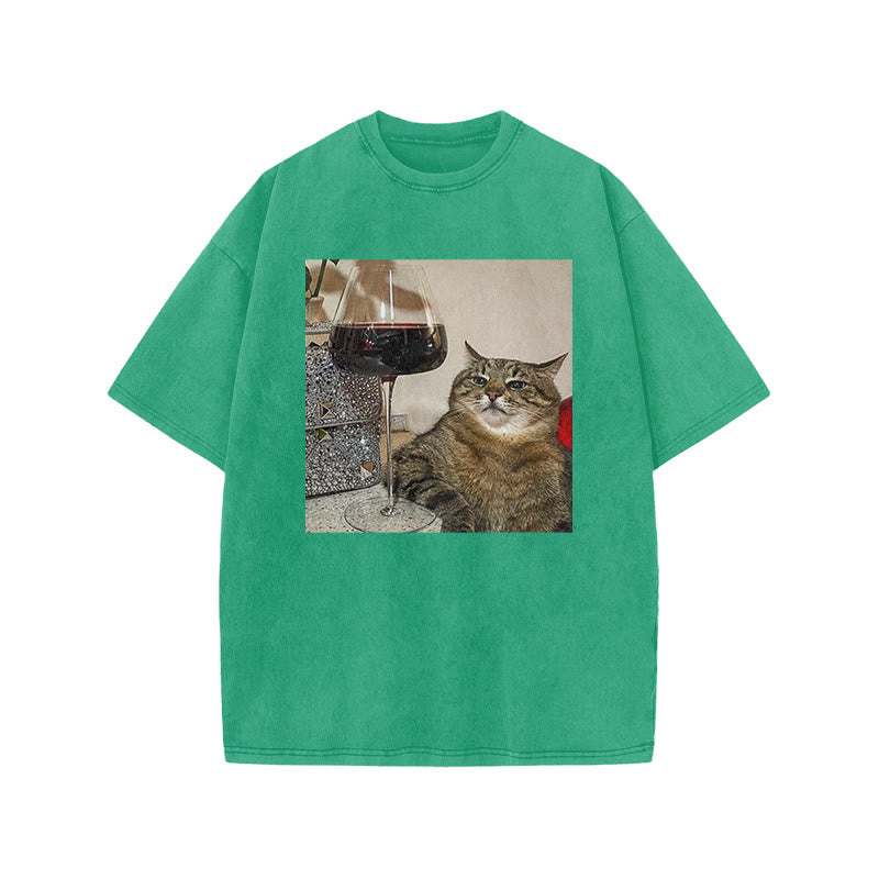 Tabby Cat & Wine Print Acid Washed T-shirt