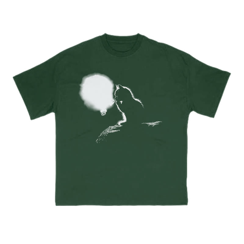 Smoking Cat Full Moon Silhouette Print T-shirt