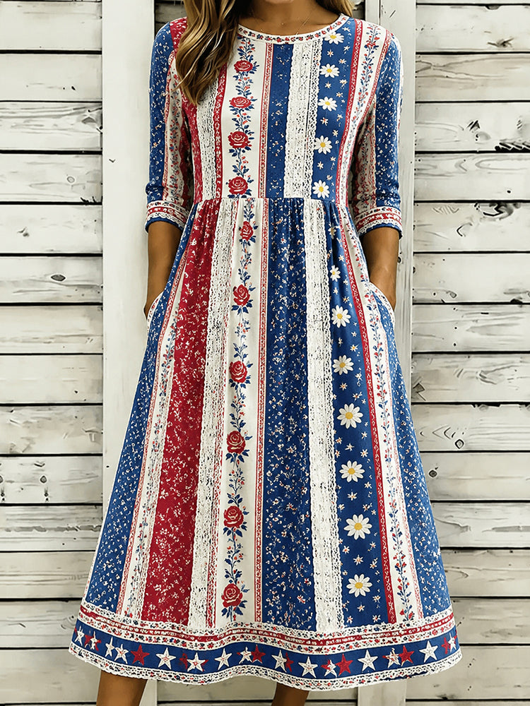 Women's American Floral Contrast Print Patchwork Casual Dress