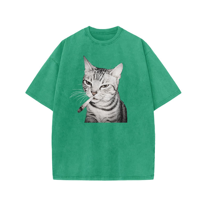 Tabby Cat With A Cigarette In Its Mouth Print Acid Washed T-shirt