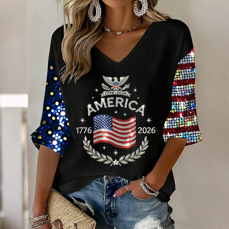Women's Flag Art Three-quarter Sleeve V Neck Linen Tops