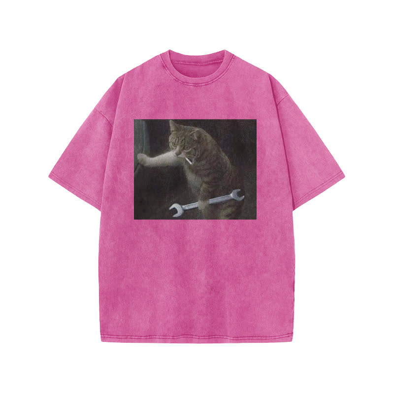 Unisex 100% Cotton Overlord Cat Print Acid Washed T-shirt