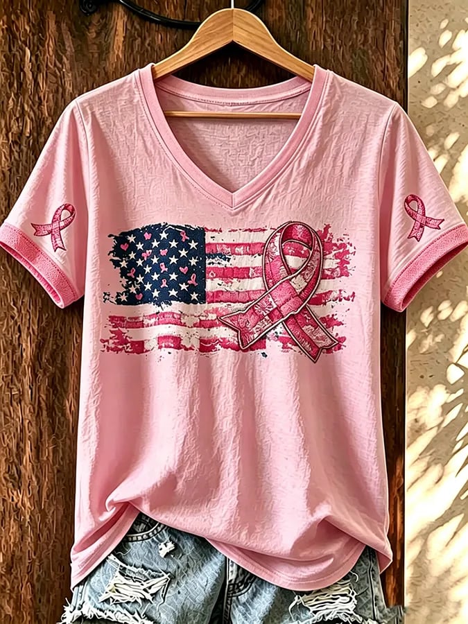 Women's American Flag Pink Ribbon Print V Neck T-shirt