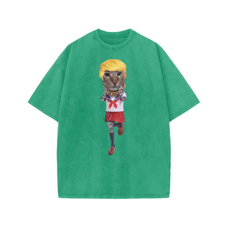 Playful Cartoon Cat Graphic Print Acid Washed T-shirt