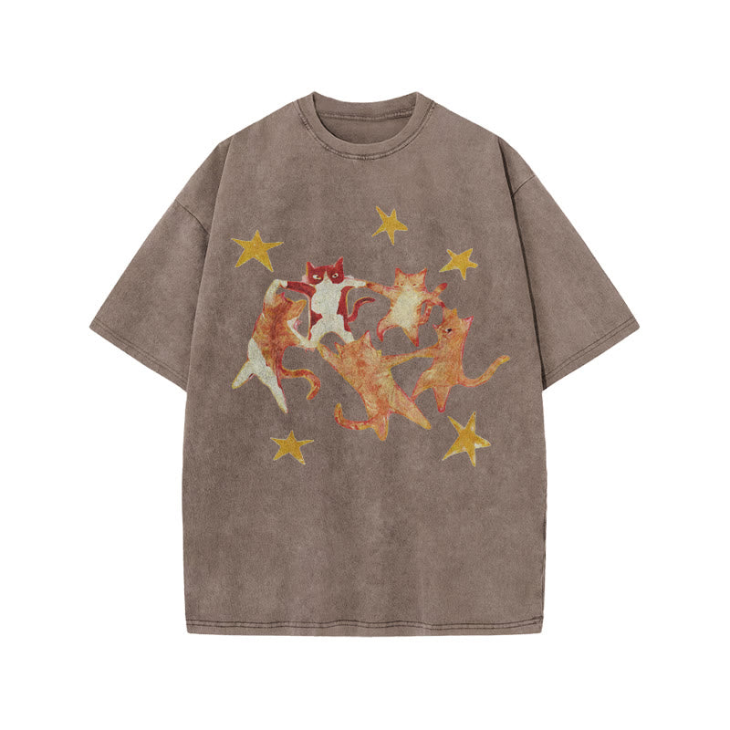 Cats Holding Hands And Dancing Print Acid Washed T-shirt