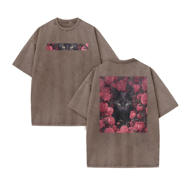 A Black Cat Hidden Among Clusters Of Magenta Roses Print Acid Washed T-shirt