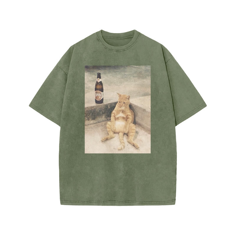 Lazy Cat & Beer Print Acid Washed T-shirt