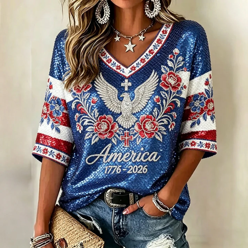Women's Retro Independence Day Floral And Eagle Art Color Block Casual V-neck Top