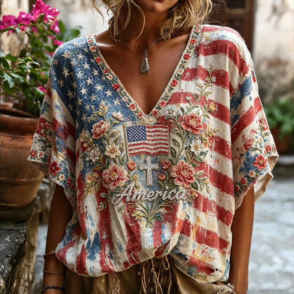 Retro American Flag And Floral Art Embroidered Rhinestone Cotton Linen V-neck Short Sleeve Top