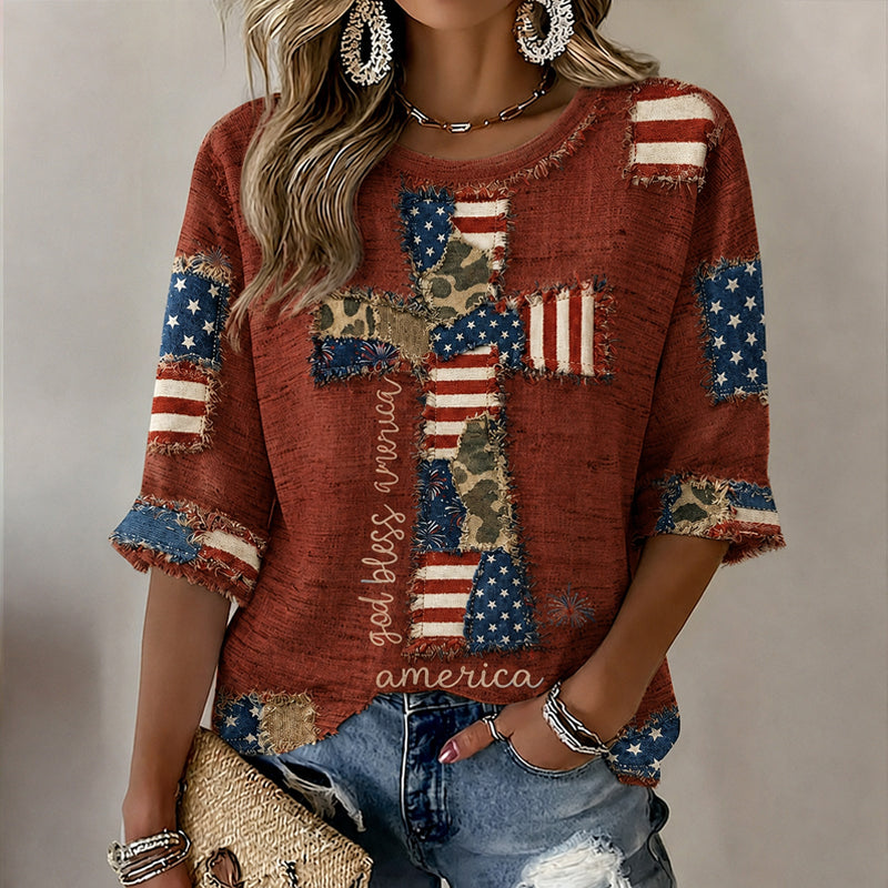 Women's  Flag In Faith Art Three-quarter Sleeve V Neck Linen Tops