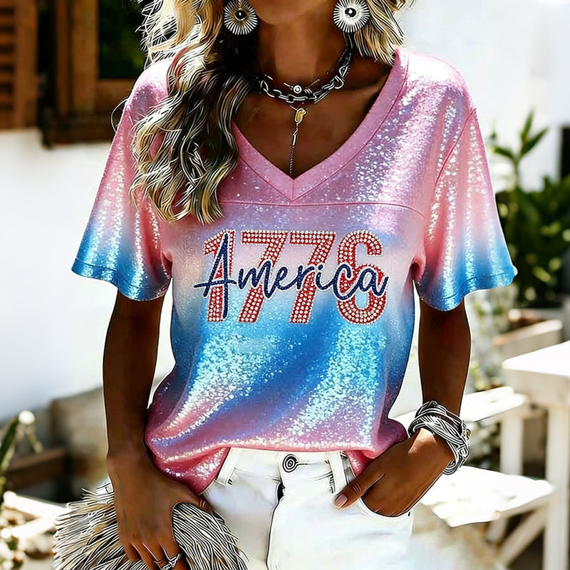 Women's Independence Day Sequin Print V-neck T-shirt