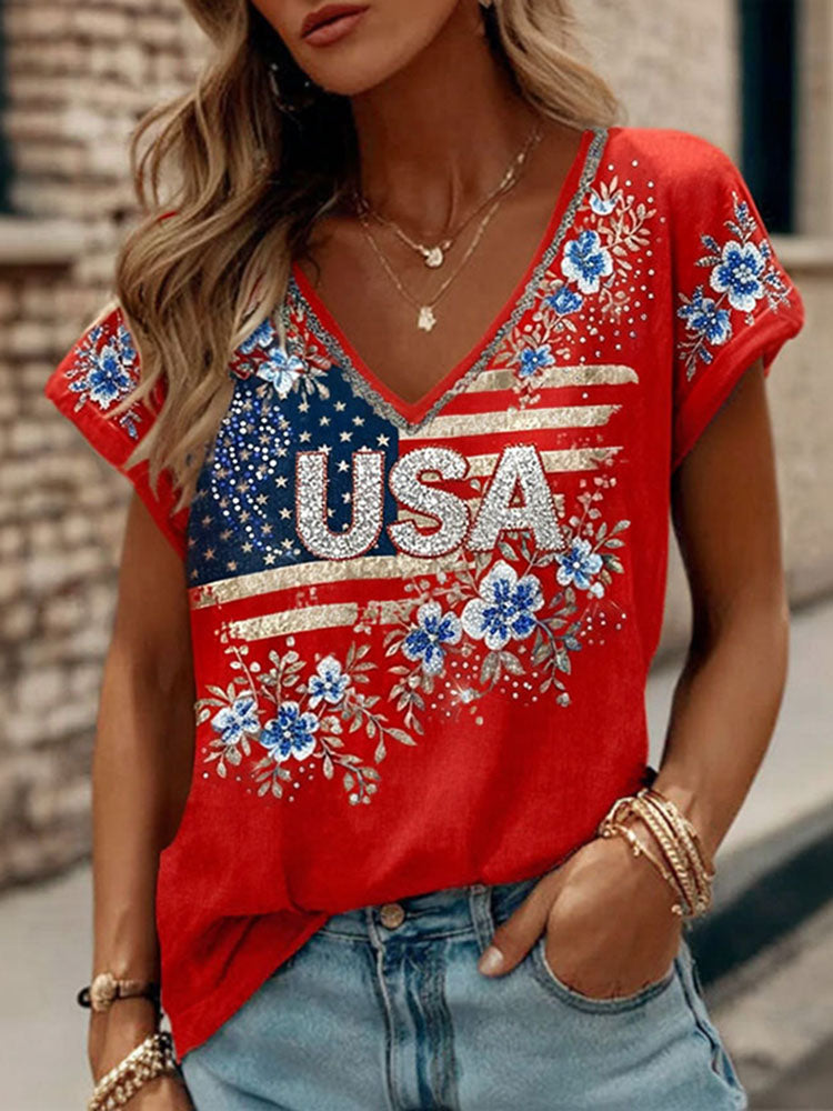Women's Retro Independence Day Rhinestone Flag Floral Pattern Casual T-shirt