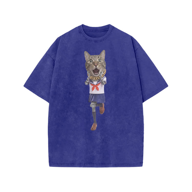 Playful Sailor Cat Graphic Print Acid Washed T-shirt