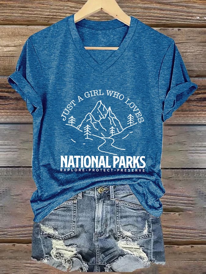 Women's Just A Girl Who Loves National Parks Printed V-Neck T-Shirt