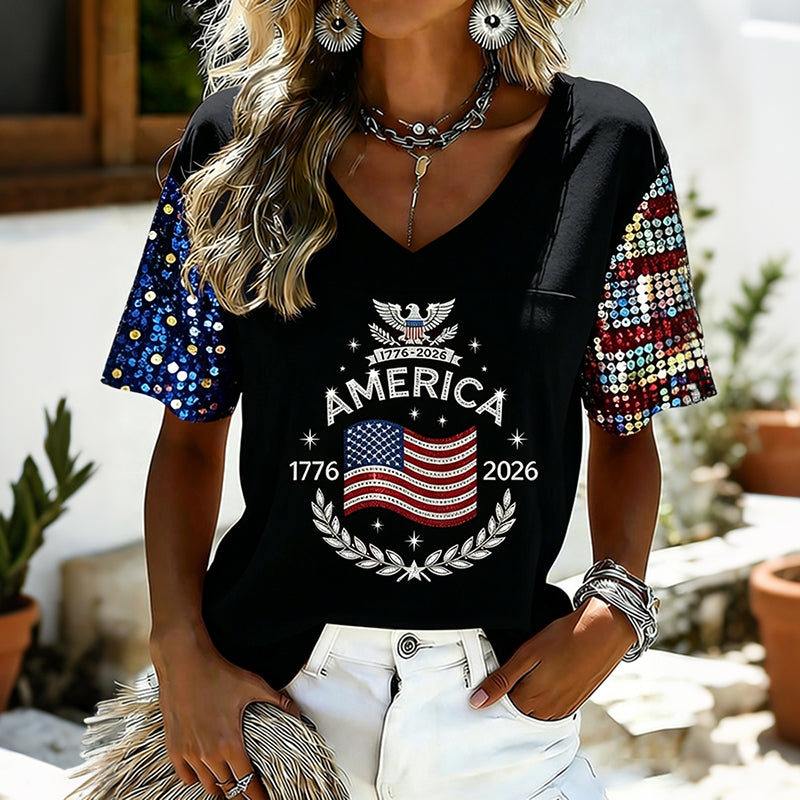 Women's American Flag Art Sequin Casual V-neck Short Sleeve Top