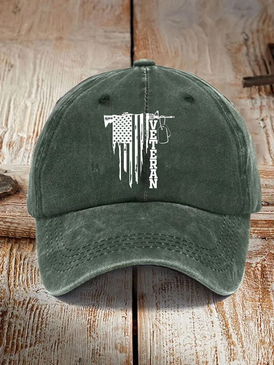 Gun And American Flag Veteran Pattern Washed And Distressed Hats