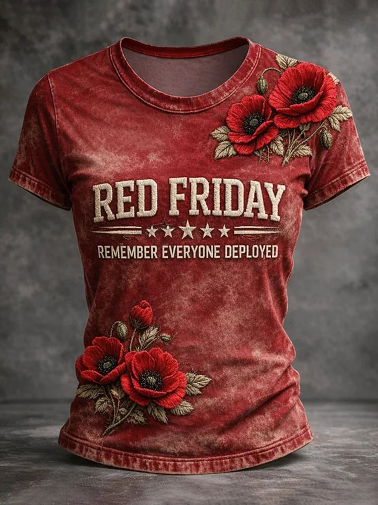 Vintage Washed Floral “red Friday – Remember Everyone Deployed” T-shirt