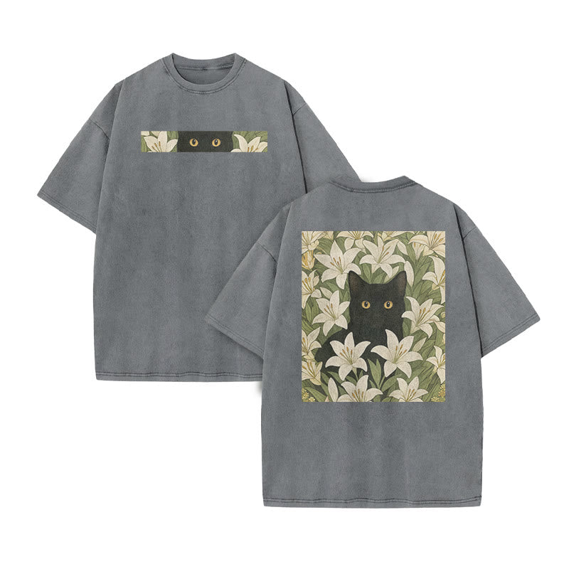 A Black Cat In A Field Of White Lilies Print Acid Washed T-shirt