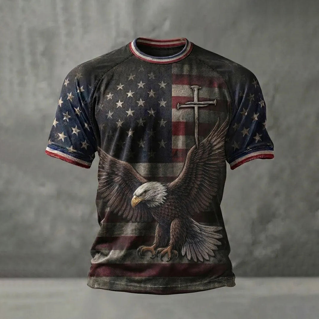 Men's Vintage American Flag Bald Eagle Cross Art Print T-shirt