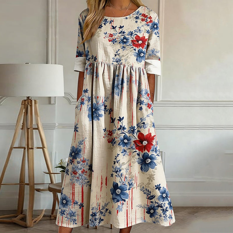 Women's Vintage Floral Independence Day Flag Art Print Dress