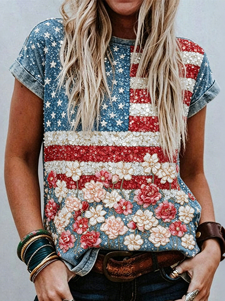 Usa Glitter Flag With Flowers Art Short Sleeve T Shirt