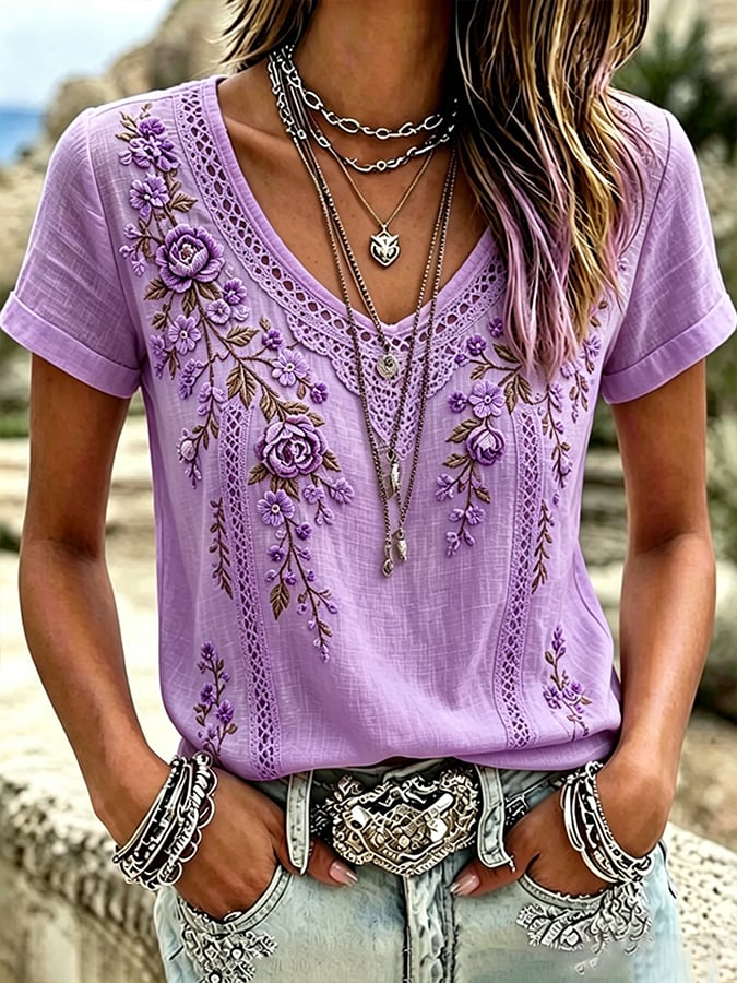 Women's  Pink And Purple Floral Cotton-Linen Print Top