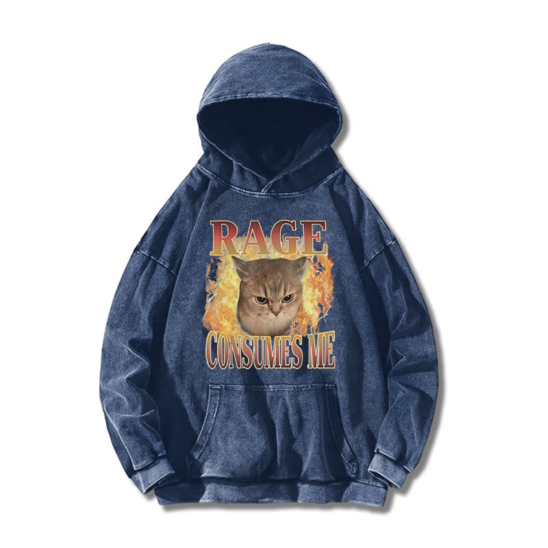 Rage Consumes Me Meme Cat Printed Washed Hoodie