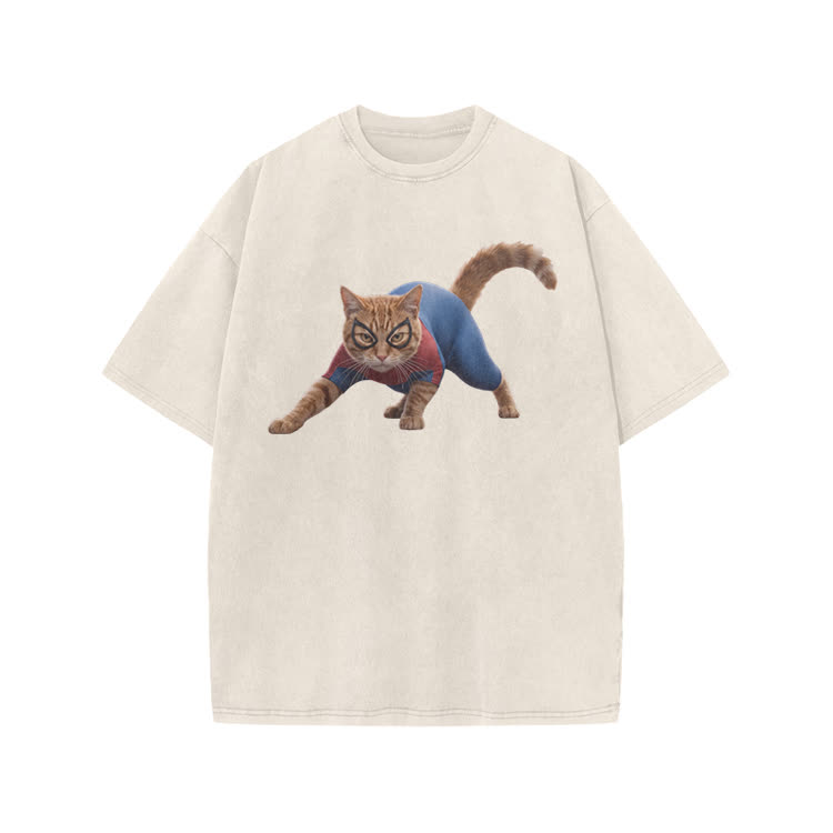 Vintage Hero Cat Graphic Print Acid Washed T-shirt