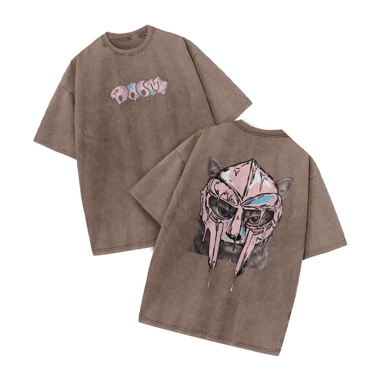 Washed Graffiti Cat Mask Graphic Print Acid Washed T-shirt